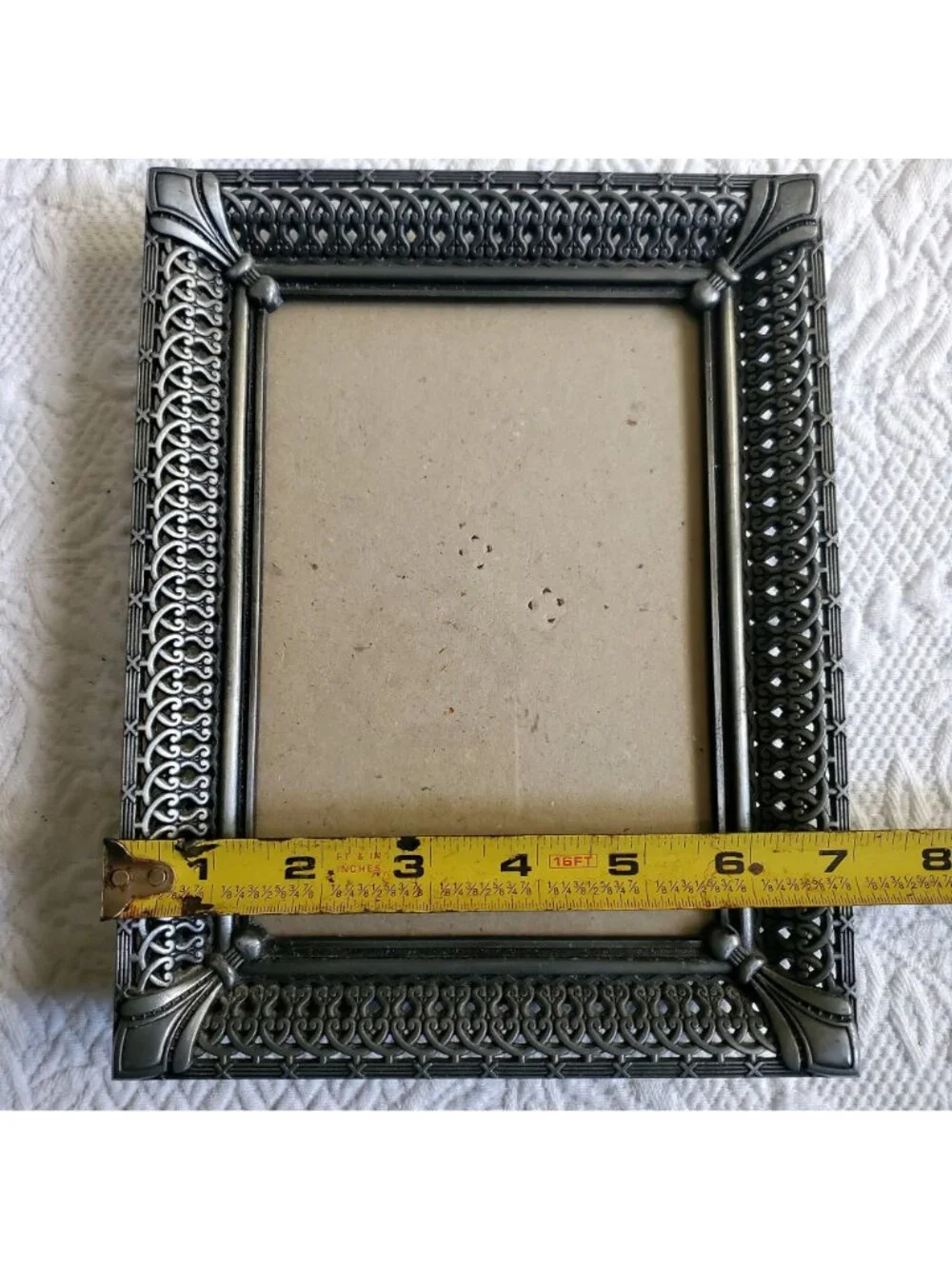 Vtg Ornate Filigree Photo Frame 7x9 Holds 4.5x6.5 Fleur-de-Lis pewter open work